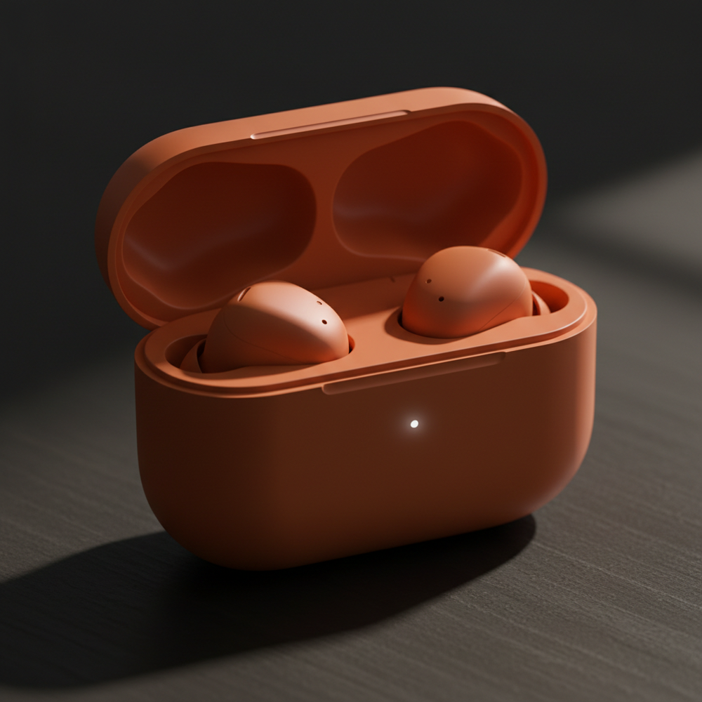 Orange earbuds with charging case