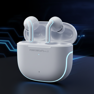 Powerboats Pro 2 white earbuds with charging case
