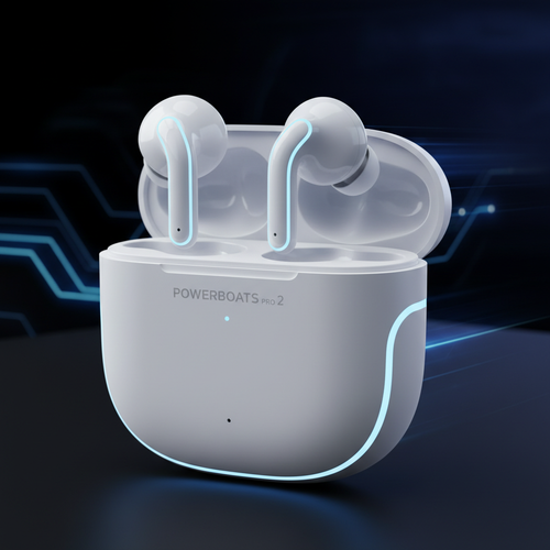 Powerboats Pro 2 white earbuds with charging case