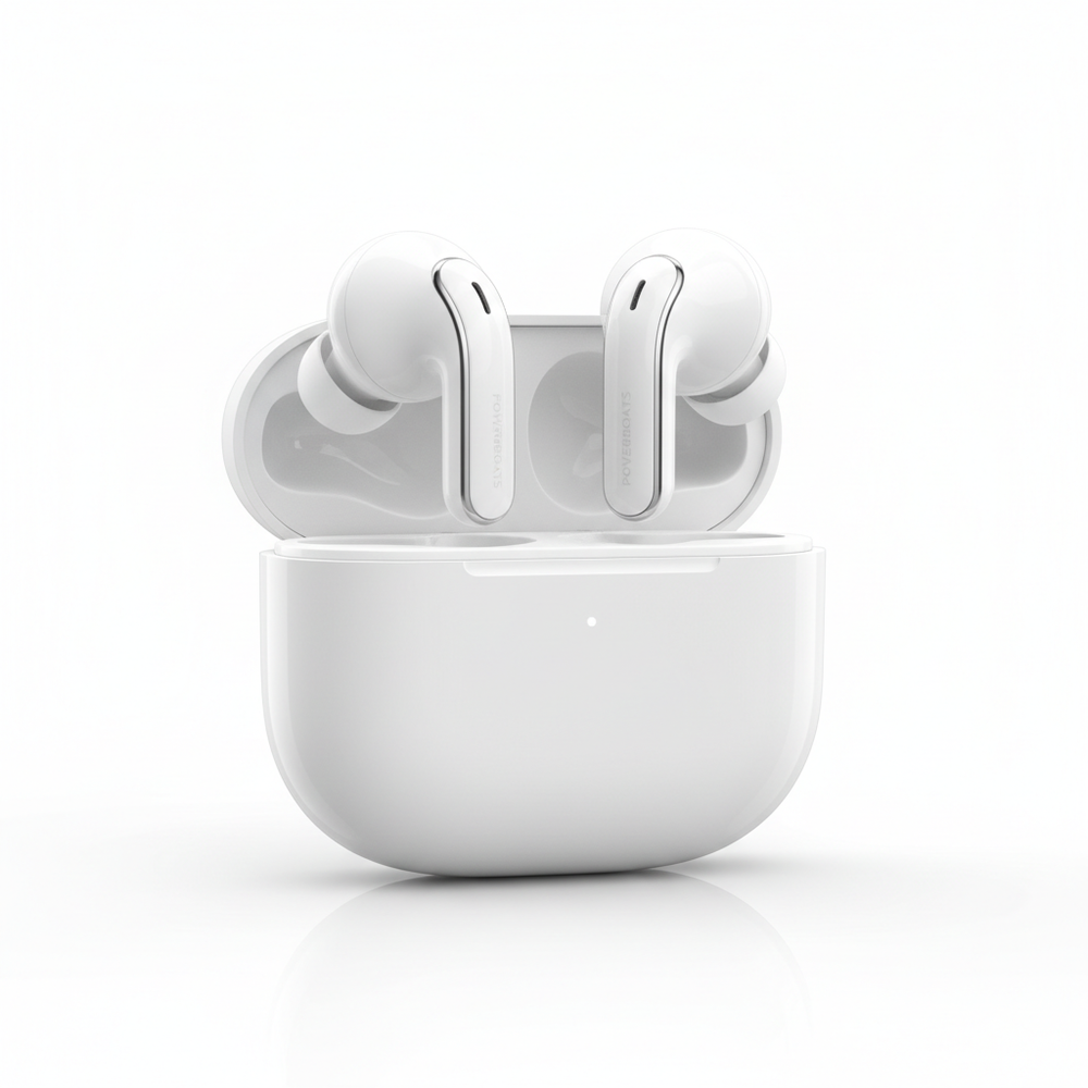 Powerboats Pro 2 white earbuds front view